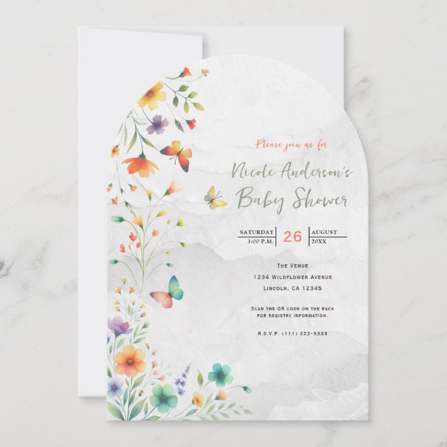 Invitación Colorida acuarela Floral mariposa Baby Shower (Anverso)