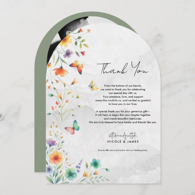 Invitación Colorida acuarela Floral mariposa Gracias (Anverso / Reverso)