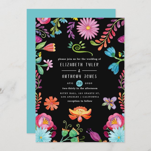 Invitación Colorida acuarela Floral Mexicana Fiesta Boda (Anverso / Reverso)
