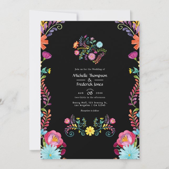 Invitación Colorida acuarela Floral Mexicana Fiesta Boda (Anverso)