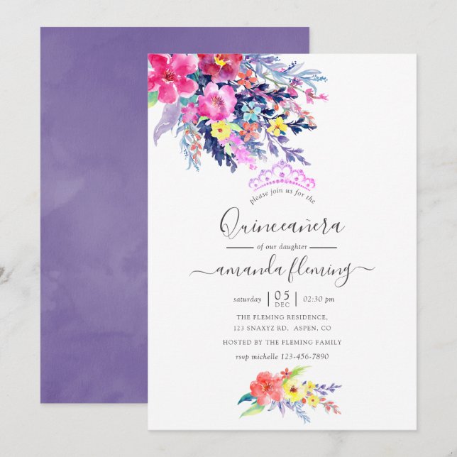 Invitación Colorida acuarela Floral Primavera Quinceañera (Anverso / Reverso)