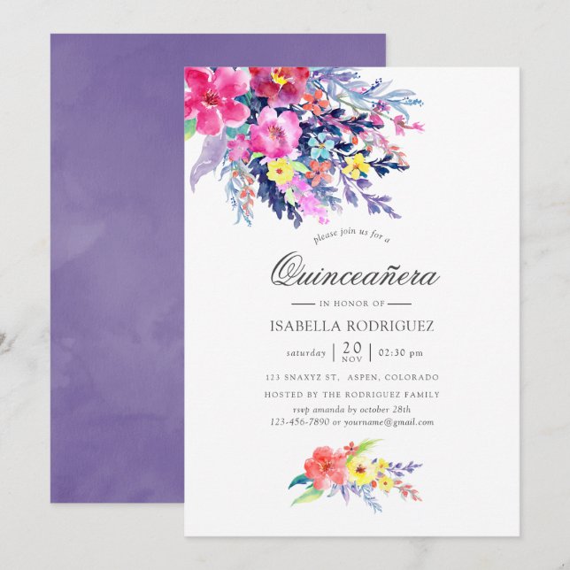 Invitación Colorida acuarela Floral Quinceañera (Anverso / Reverso)