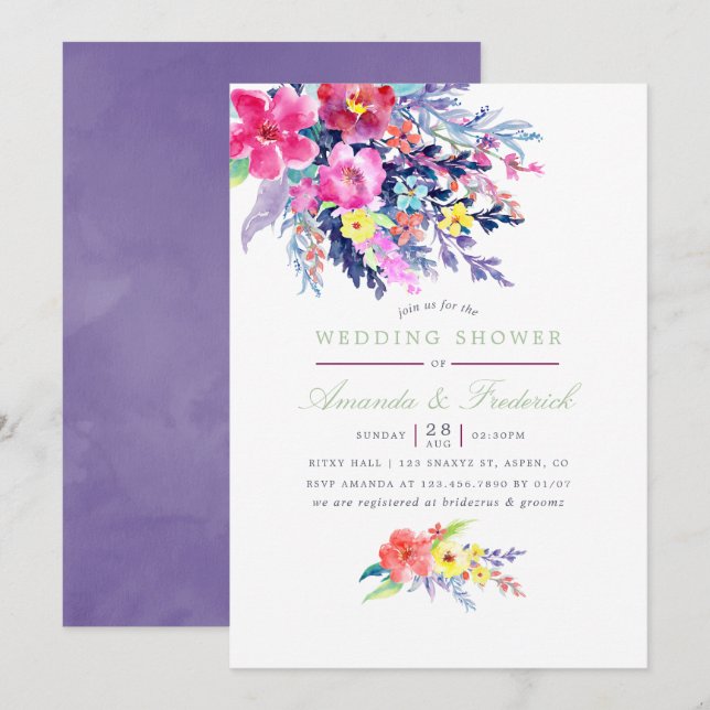 Invitación Colorida acuarela Floral Wedding Ducha (Anverso / Reverso)