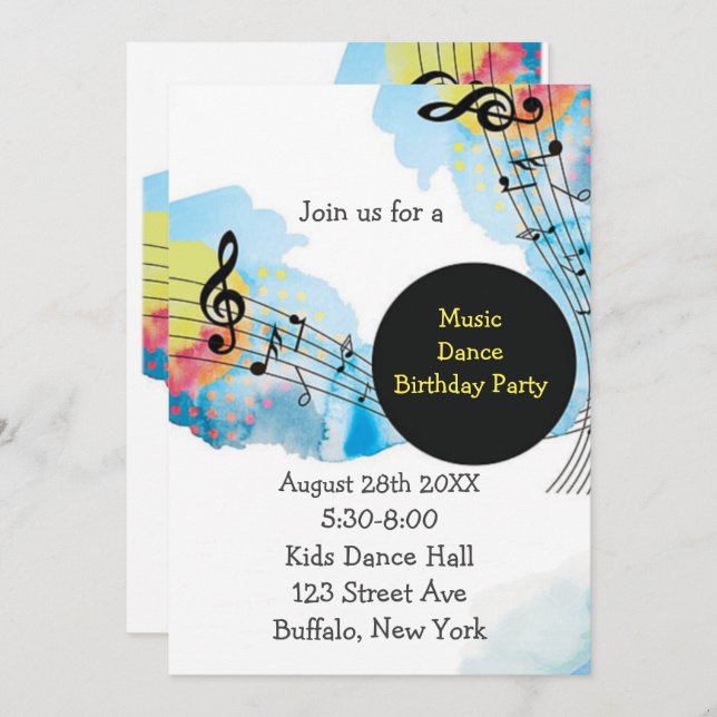 Invitación Colorida acuarela Música de baile fiesta de cumple (Anverso / Reverso)