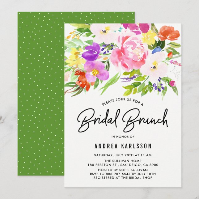 Invitación Colorida acuarela primavera florece brunch (Anverso / Reverso)
