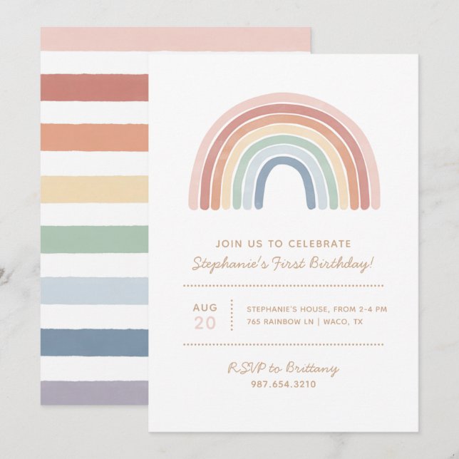 Invitación Colorida acuarela Rainbow Chica Birday Party (Anverso / Reverso)