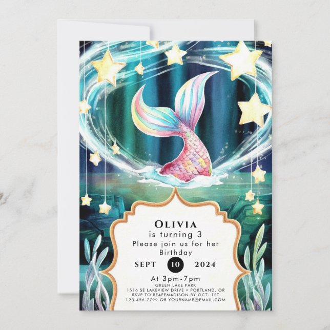 Invitación Colorida acuarela Sirena Cumpleaños (Anverso)