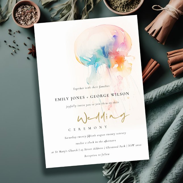 Invitación Colorida acuarela subacuática Boda de medusas (Subido por el creador)