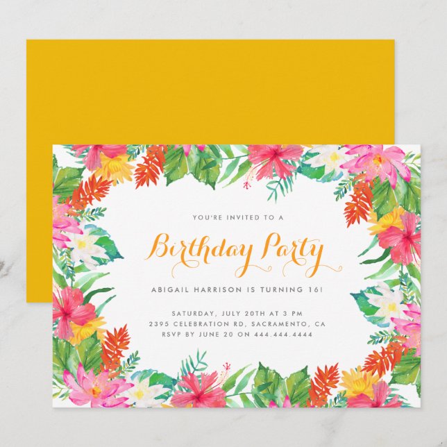 Invitación Colorida acuarela Tropical Fiesta de cumpleaños de (Anverso / Reverso)