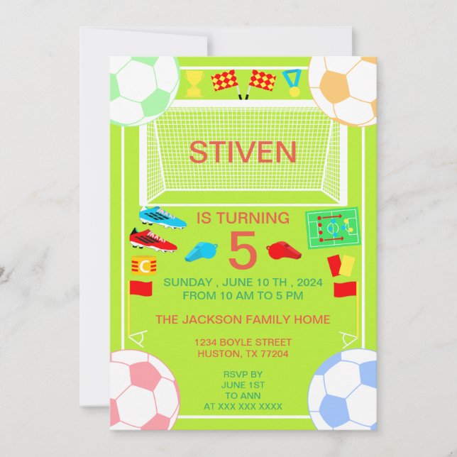 Invitación colorida al cumpleaños del fútbol depor (Anverso)