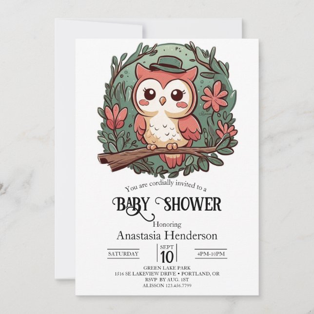 Invitación Colorida Baby Shower de búho de bosque (Anverso)