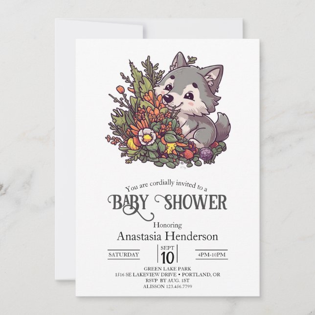 Invitación Colorida Baby Shower de Wolf Woodland (Anverso)