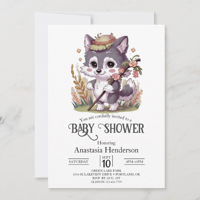 Invitación Colorida Baby Shower de Wolf Woodland (Anverso)