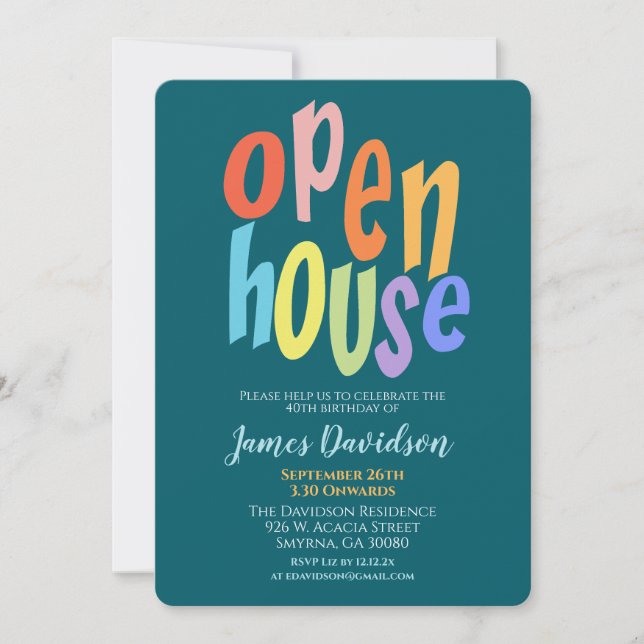 Invitación Colorida casa abierta Fiesta moderna (Anverso)