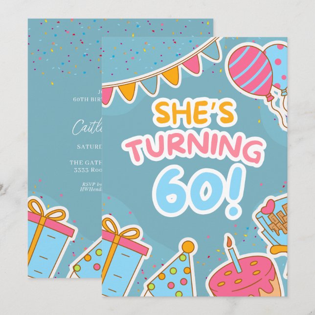 Invitación Colorida celebración de cumpleaños número 60 (Anverso / Reverso)