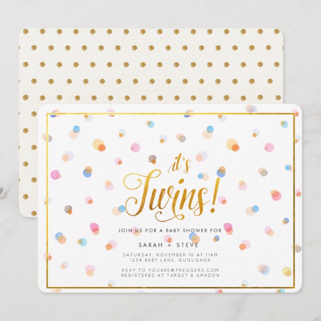 Invitación colorida de Baby Shower de los gemelos (Anverso / Reverso)