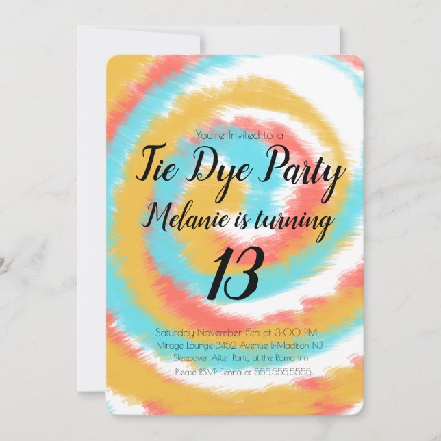 Invitación Colorida de Cumpleaños con Tie Dye (Anverso)