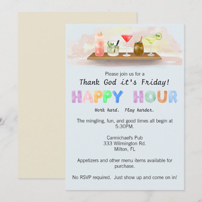Invitación colorida de Happy Hour (Anverso / Reverso)