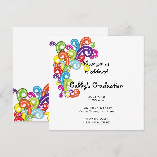Invitación colorida de la fiesta de graduación (Anverso / Reverso)