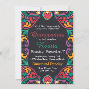 Invitación colorida de Quinceañera con borde españ