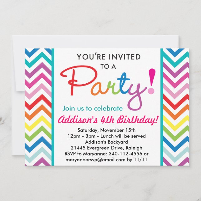 Invitación colorida del fiesta de Chevron (Anverso)