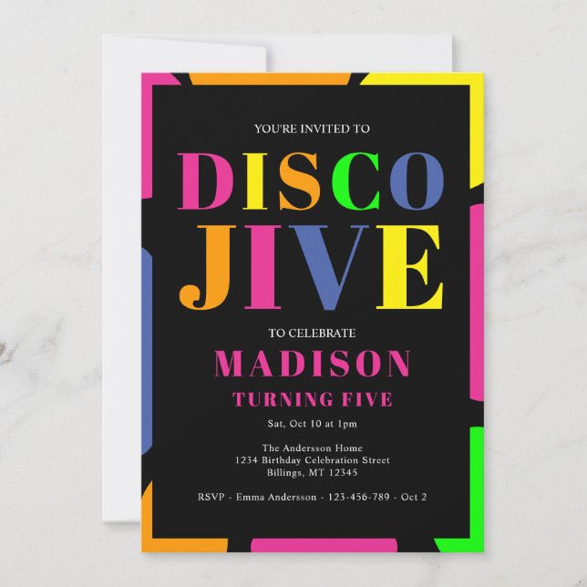 Invitación Colorida Disco Jive Turning Five Birday Party (Anverso)