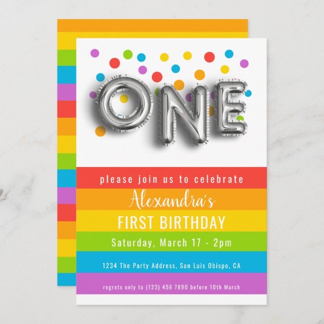 Invitación Colorida diversión primer cumpleaños Rainbow perso (Anverso / Reverso)
