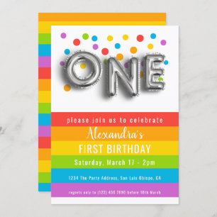 Invitación Colorida diversión primer cumpleaños Rainbow perso