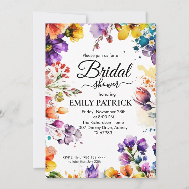 Invitación Colorida ducha de novia floral (Anverso)