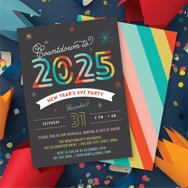 Invitación Colorida fiesta de Año Nuevo 2025 (Colorful 2025 New Year's Eve Modern Holiday Party Invitation @ fat_fa_tin)