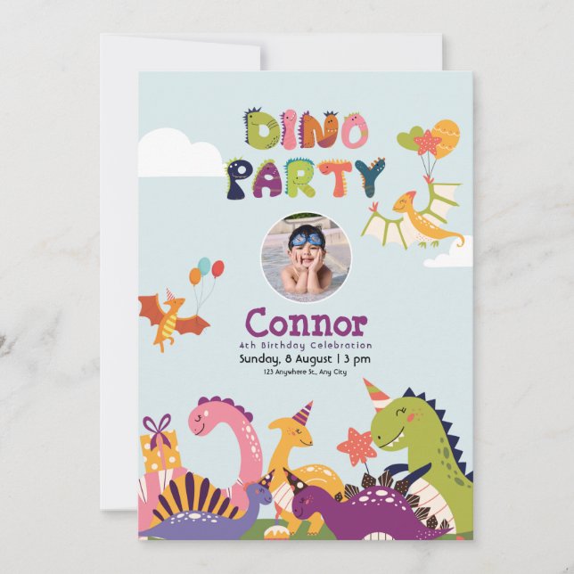 Invitación Colorida fiesta de cumpleaños de Dinosaur (Anverso)