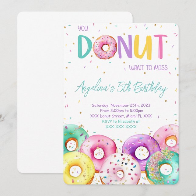 Invitación Colorida fiesta de cumpleaños de Donut (Anverso / Reverso)