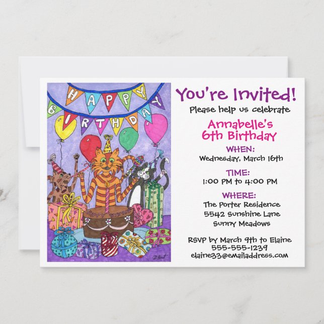 Invitación Colorida fiesta de cumpleaños de gatos (Anverso)