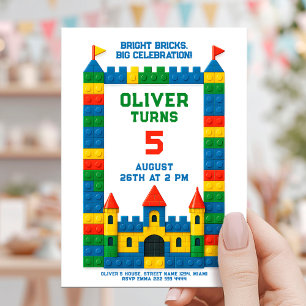 Invitación Colorida fiesta de cumpleaños de ladrillo con un c