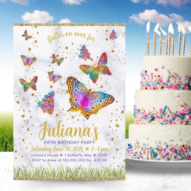 Invitación Colorida fiesta de cumpleaños de mariposa brillant (Colorful Bright Butterfly Birthday Party Invitation)