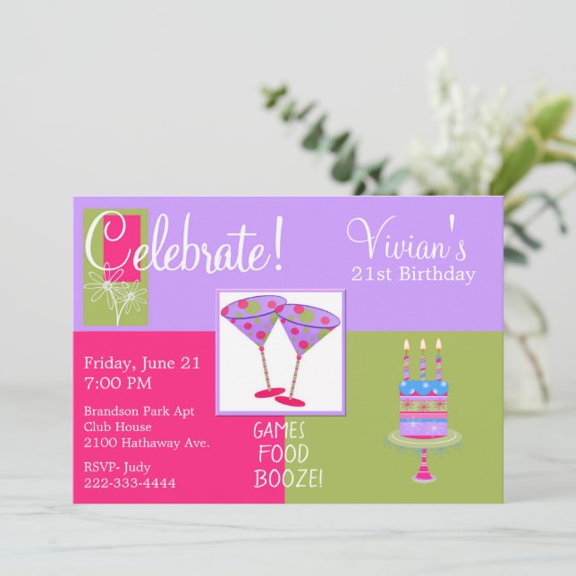 Invitación Colorida fiesta de cumpleaños de Martini Glasses (Anverso de pie)