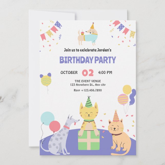 Invitación Colorida fiesta de cumpleaños de mascotas de perro (Anverso)