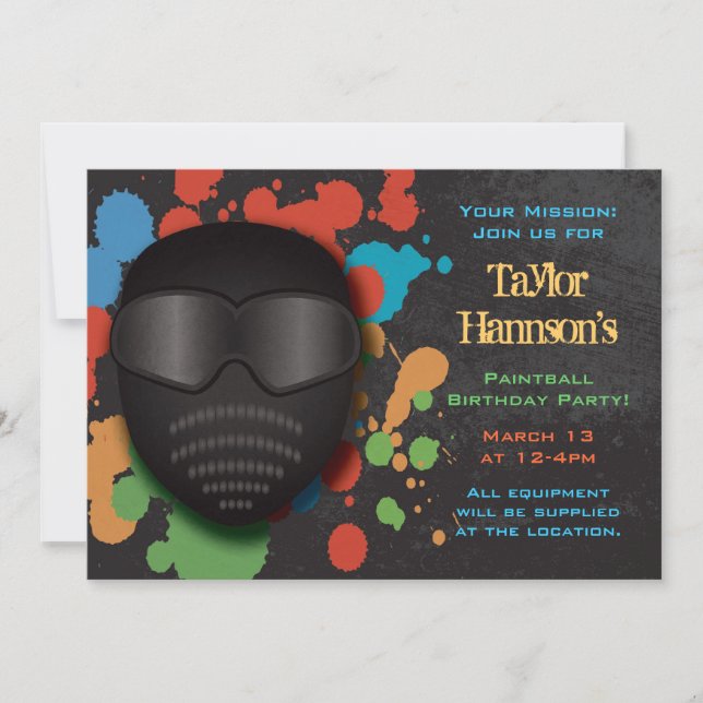Invitación Colorida fiesta de cumpleaños de Paintball (Anverso)