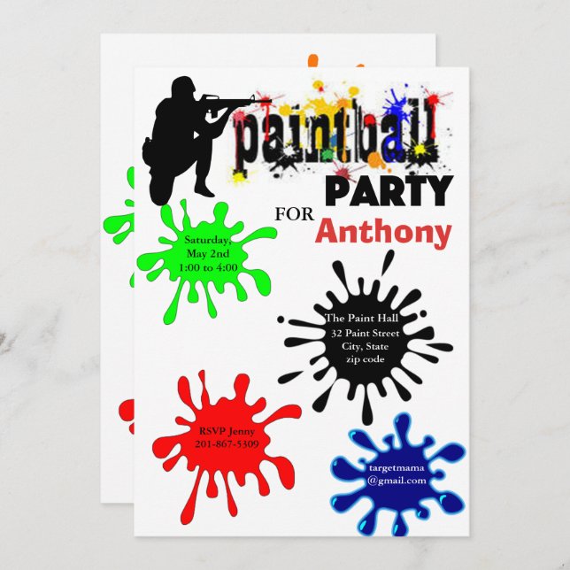 Invitación Colorida fiesta de cumpleaños de Paintball (Anverso / Reverso)