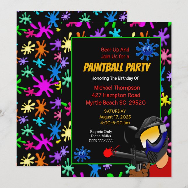 Invitación Colorida fiesta de cumpleaños de Paintball (Anverso / Reverso)