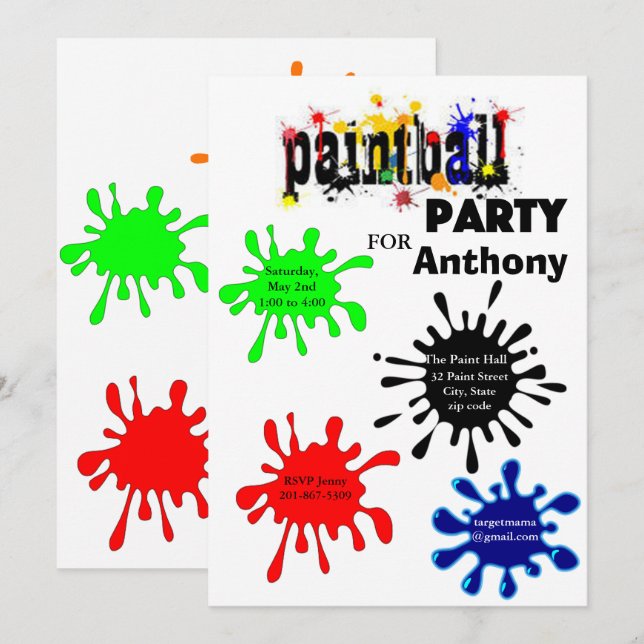 Invitación Colorida fiesta de cumpleaños de Paintball (Anverso / Reverso)