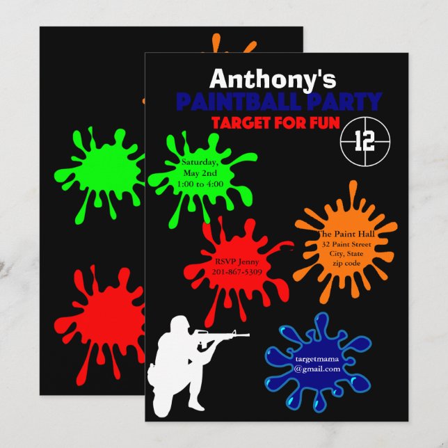 Invitación Colorida fiesta de cumpleaños de Paintball (Anverso / Reverso)