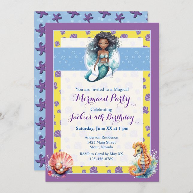 Invitación Colorida fiesta de cumpleaños de sirena mágica (Anverso / Reverso)