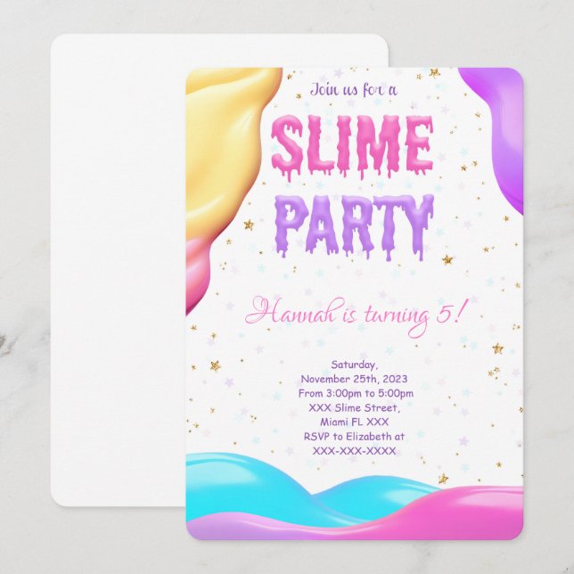 Invitación Colorida fiesta de cumpleaños de Slime (Anverso / Reverso)