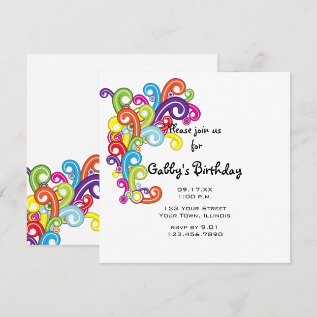 Invitación Colorida fiesta de cumpleaños de Swirls (Anverso / Reverso)