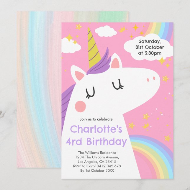 Invitación Colorida fiesta de cumpleaños de Unicornio y Rainb (Anverso / Reverso)