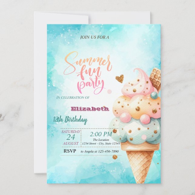 Invitación Colorida fiesta de cumpleaños de verano del helado (Anverso)