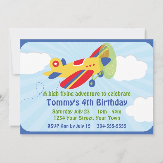 Invitación Colorida fiesta de cumpleaños del avión (Anverso)