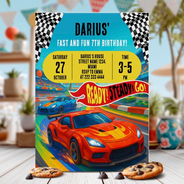 Invitación Colorida fiesta de cumpleaños del coche de carrera (Subido por el creador)