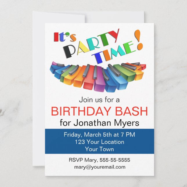 Invitación Colorida fiesta de cumpleaños del teclado (Anverso)